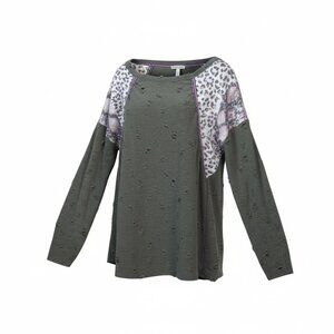 BiBi Distressed Top XL Olive Leopard Colorblock Long Sleeve Casual Boho